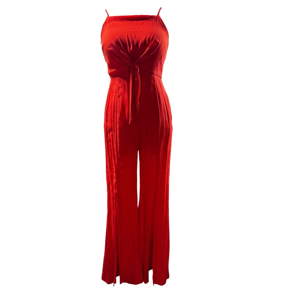 PINCH Women Coral Tie Front Wide Leg Jumpsuit high‎ Slits Strap Small